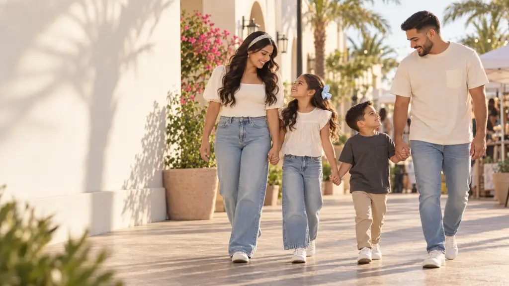 Una familia camina por un corredor con arcos y luz de sol, inspirado en el sur de Texas