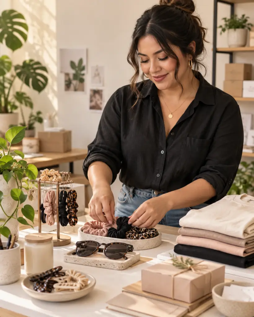 A person arranging hair accessories and folded clothing on a table.