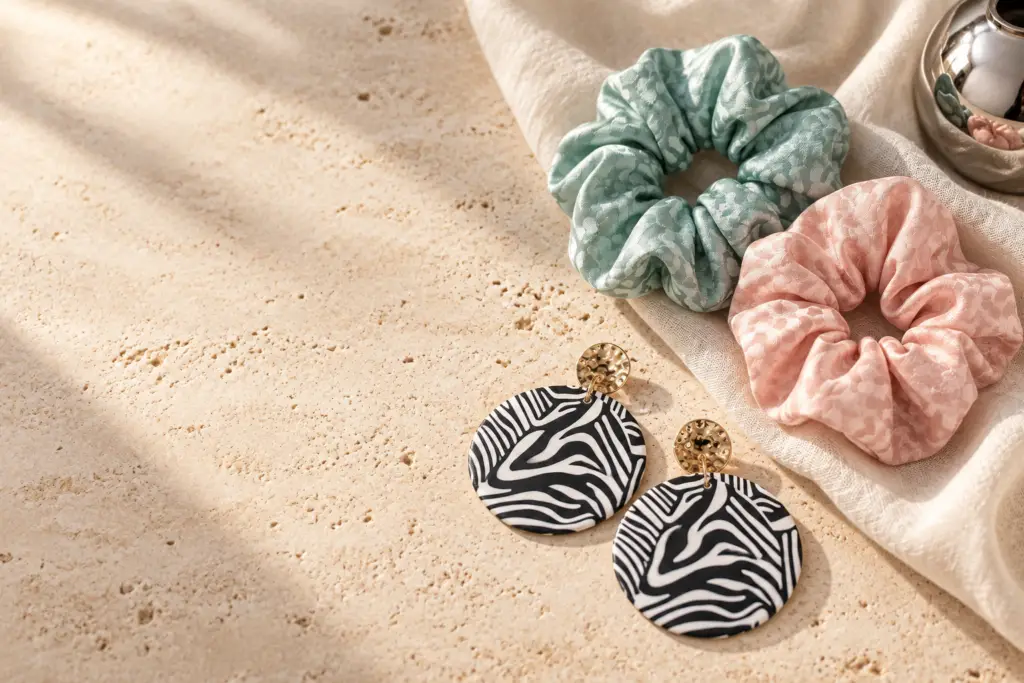 Scrunchies en tonos pastel y aretes con estampado de cebra sobre piedra de tonos cálidos