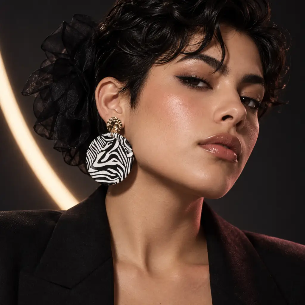 Aretes llamativos con estampado de cebra en una fotografía de estilo de vida de Tiny Market
