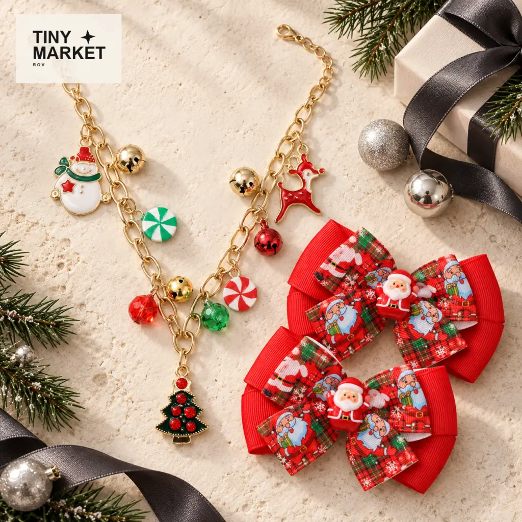 Escena de regalos navideños con pinzas de moños de Santa y un collar de árbol de Navidad