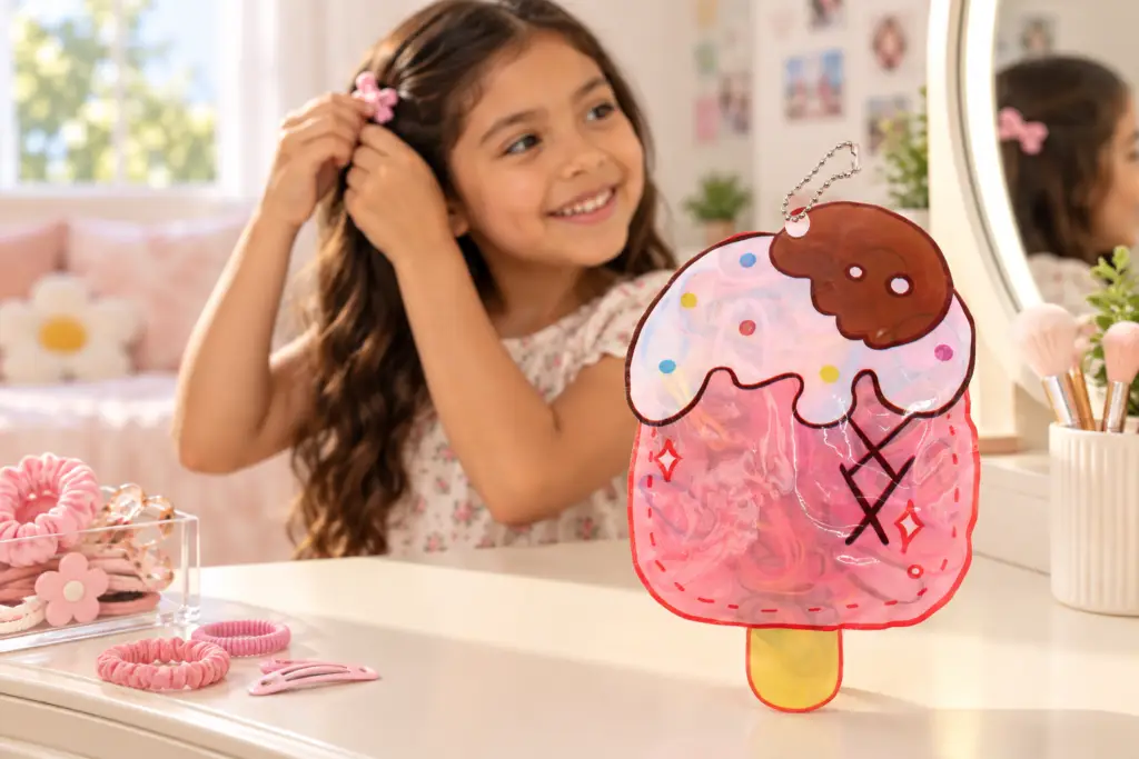Estuche de ligas con forma de helado de fresa en una escena infantil