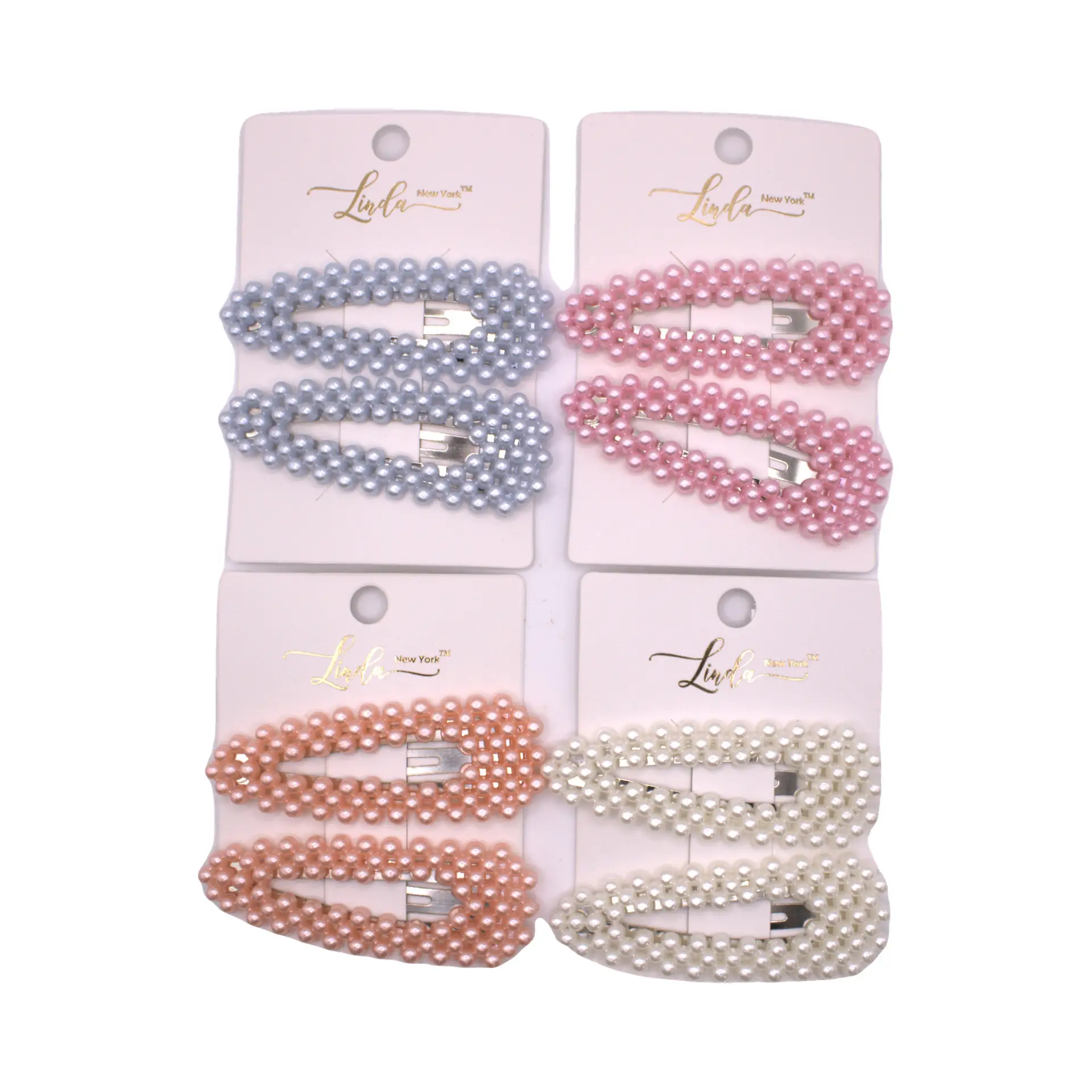 Set de broches de presión con decoración perlada – Azul y rosa suave