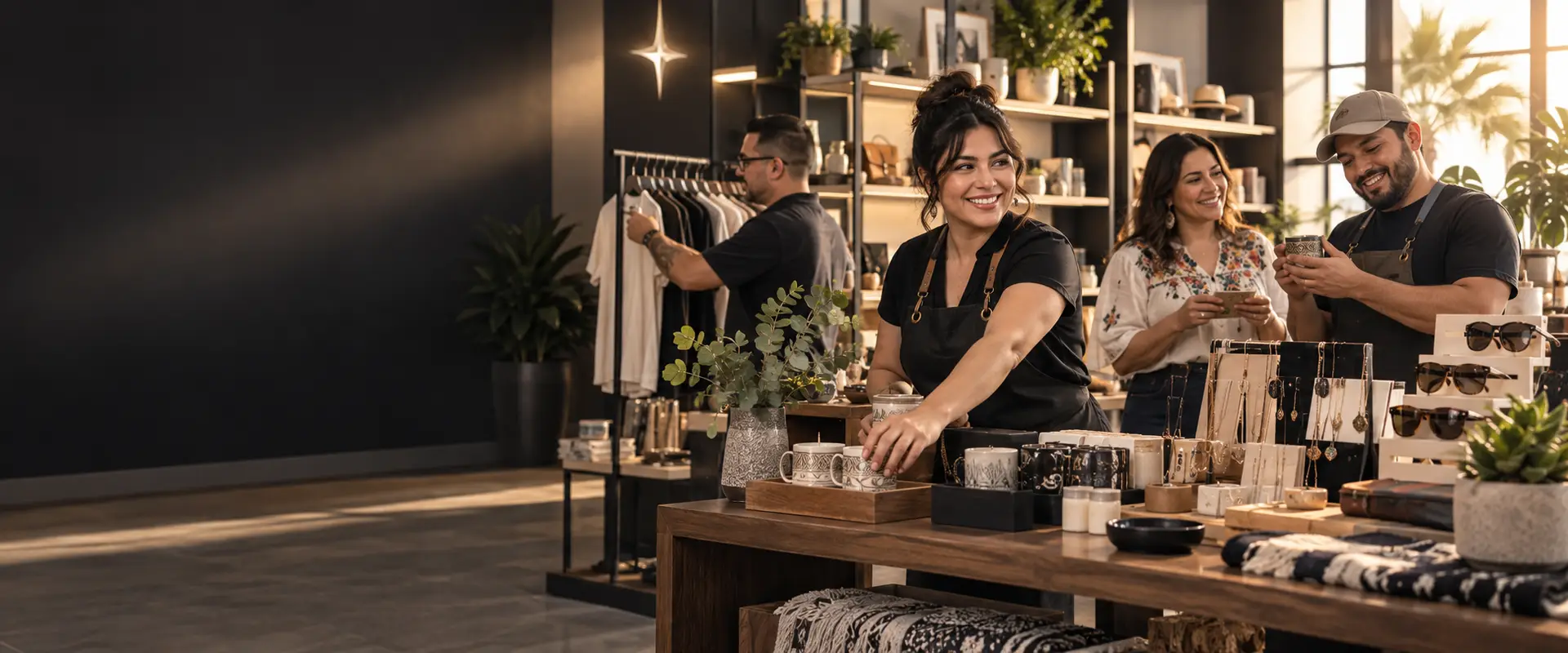 A warmly lit retail scene with people arranging accessories and browsing displays.